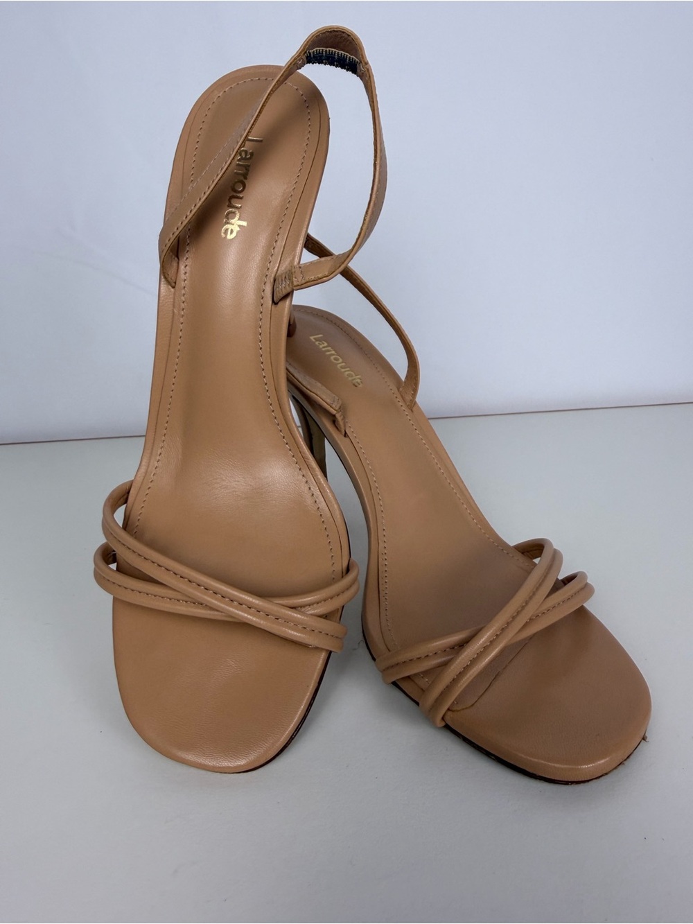 Larroudé Strappy Slingback Heels 8 Nude Tan Leather Stiletto Sandals